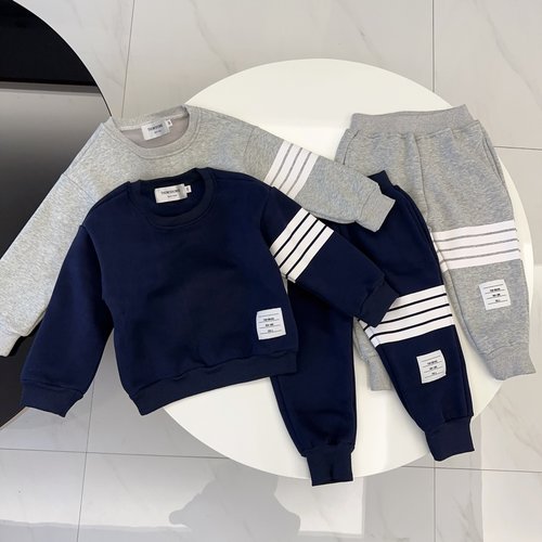 Thom Bn Boys & Girls High-End Cotton Fleece Set (Gray/Navy)