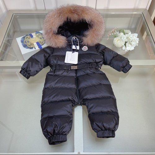 Moncler Kids Goose Down Onesie Fox Fur Trim Black & Cream 