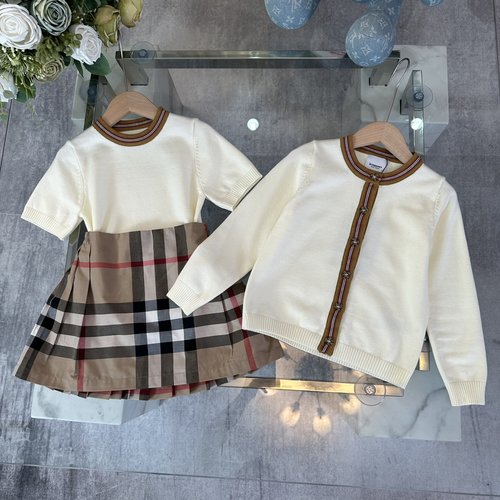 Burberry Girls Merino Wool 3-Piece Set with Check Skirt & Ribbon Detail