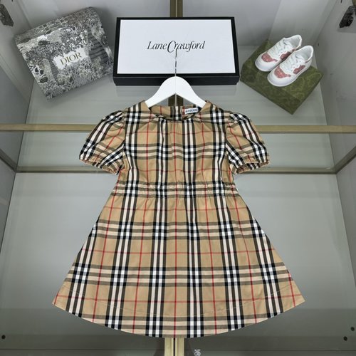 Burberry Girls Plaid Short Sleeve Cotton Dress with Pleated Front 