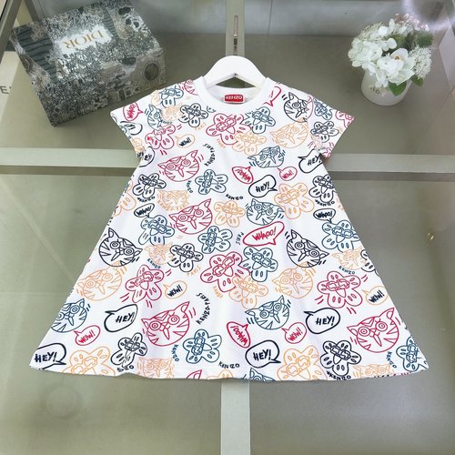 Kenzo High-End Girls A-Line Cotton Dress with Letter Graffiti