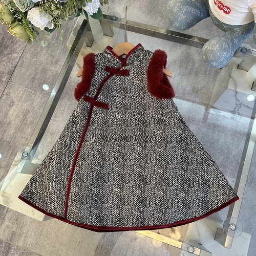 Chanel Girls Burgundy Chinese Style Wool Blend Cheongsam Dress 