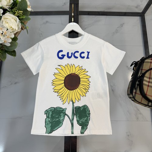 Gucci Kids Sunflower Logo Front-Back Print Cotton T-Shirt White 