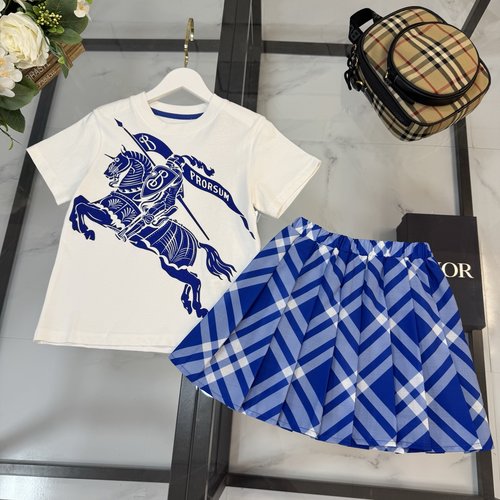 Burberry Girls Cotton Skirt Set White Top Blue Skirt