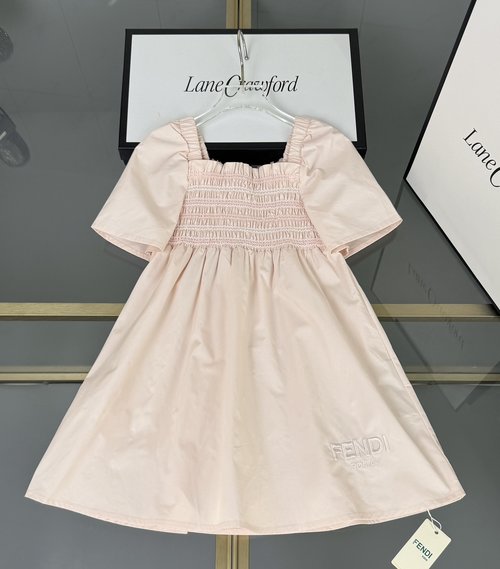 Fendi Girls Loose A-Line Dress with Pleats & Woven Hem 