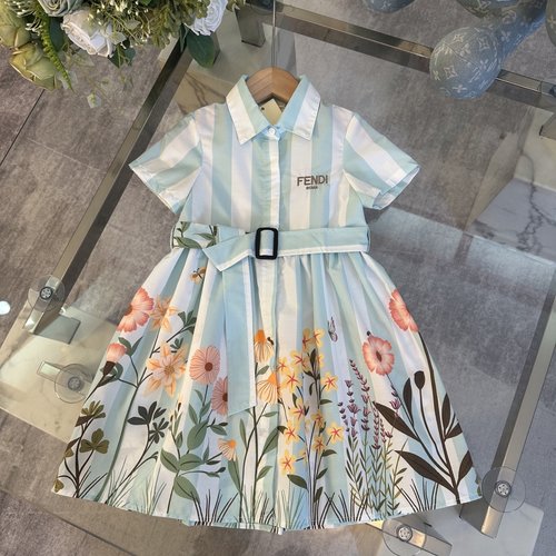 Fendi Girls Floral Princess Shirt Dress with Belt & Embroidery