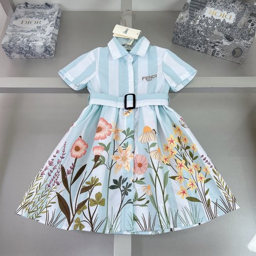 Fendi Girls Floral Button-Up Princess Dress with Waist Belt