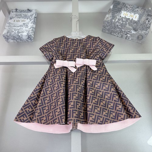 Fendi Girls Letter Print Air Cotton Dress with Removable Bow & Pink Lining