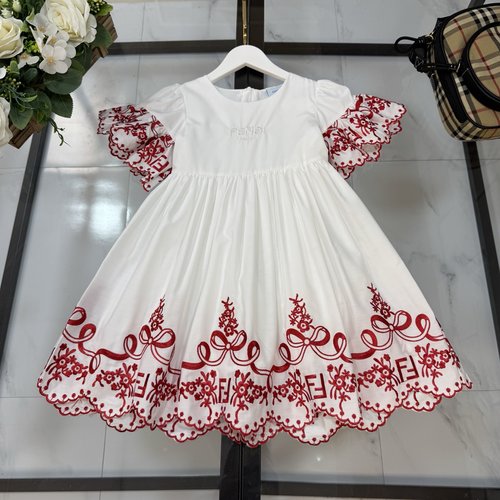 Fendi Girls Double-Layer Cotton Dress, Burgundy Contrast, FF Embroidered Skirt