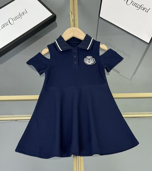 Fendi Girls Cold Shoulder Polo Collar Cotton Dress with Embroidery 