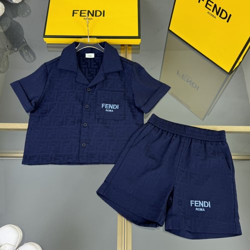 Fendi Boys Navy Blue Jacquard Denim Set with Letter Embroidery