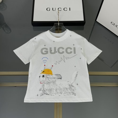 Gucci Unisex Kids Dog Graffiti Cotton T-Shirt Comfortable Stylish