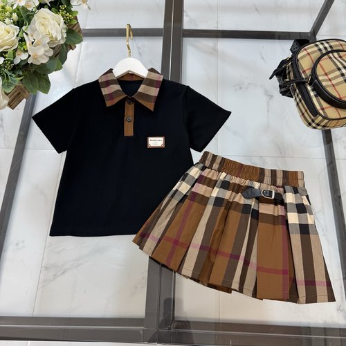 Burberry Girls Preppy Plaid Patchwork Polo Tee & Pleated Skirt Set 