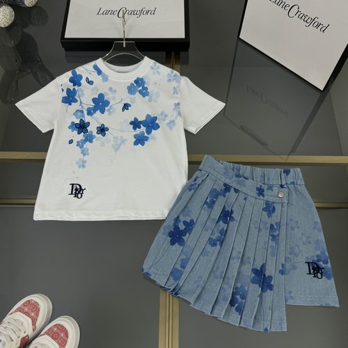 Dior Girls Cotton Dress Set: Toile Print, Letter Embroidery, Denim Skirt