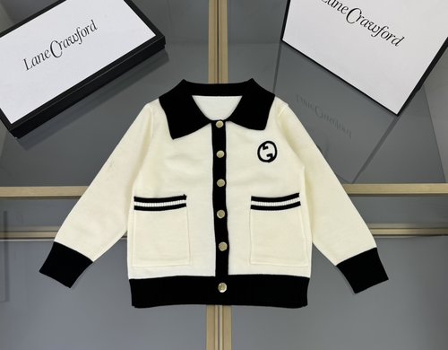 Gucci Kids Polo Collar Cardigan, Mixed Fabric Contrast Design 