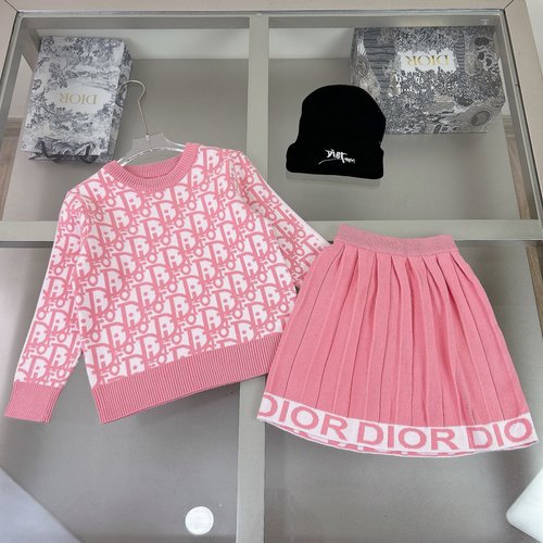 Dior Girls Knit Skirt Set – All-Over Pattern, Thick, Pleated 