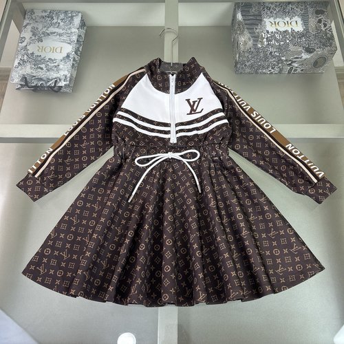 LV Girls Waisted Dress: Ribbon Trim, Digital Print, Cotton Lining