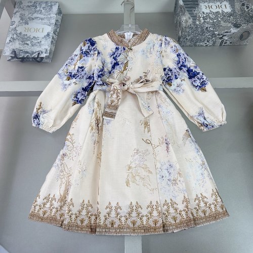 Zimmermann Girls Cotton Dress with Floral Print & Solid Belt