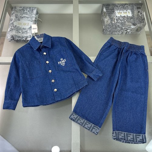 Fendi Kids Denim Set Washed Blue Print Comfortable Stylish