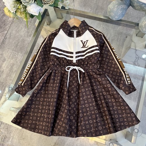 LV Girls Dress with Spliced Digital Print & Cotton Lining