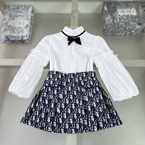 Dior Girls Cotton Dress Set with Jacquard Denim Skirt 