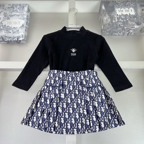 Dior Girls Cotton Dress Set with Jacquard Denim Skirt
