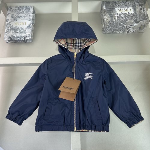 Burberry Kids Reversible Hooded Trench Coat Blue Check 