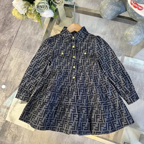 Fendi Girls Premium Washed Printed Denim Dress Soft Comfortable 
