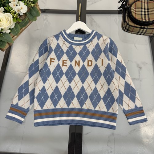 Fendi Thick Kids Argyle FF Logo Jacquard Cashmere Sweater