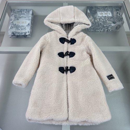 Dior Girls Hooded Faux Mink Fur Coat with Horn Buttons