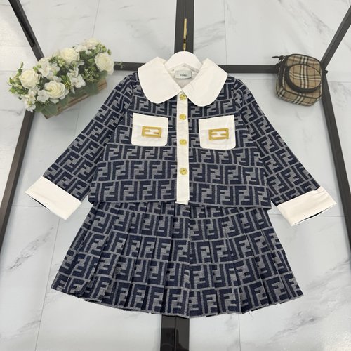 Fendi Girls Premium Washed Denim Skirt Set with Classic Print