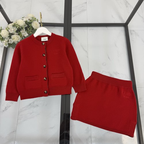 Fendi Girls Chinese Red Skirt Set with Embroidery Logo & Knit Webbing