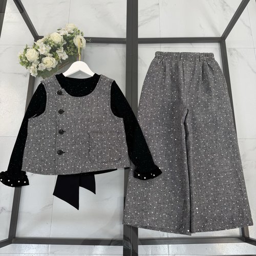 Chanel Girls Elegant 3-Piece Set: Cotton, Vest & Pleated Skirt 