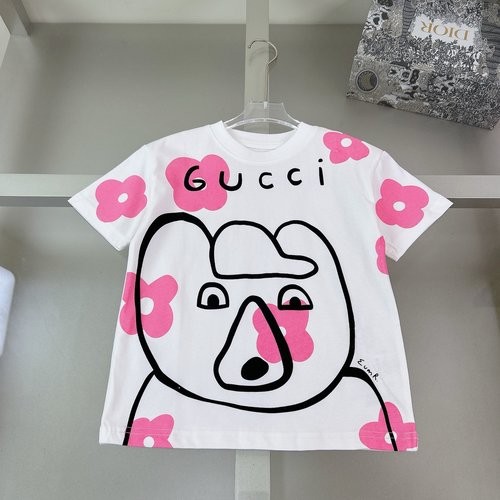 Gucci Girls Spring Summer Cat & Flower Print Cotton T-Shirt