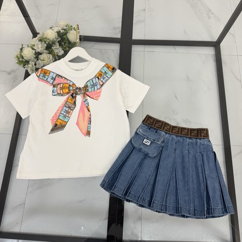 Fendi Girls Skirt Set Denim Mini Skirt Foam Print Comfortable Stylish