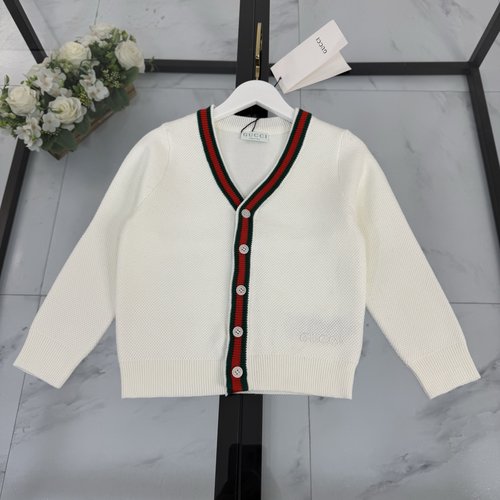 Gucci Unisex Kids V-Neck Cardigan White Cotton Green Red Stripes 