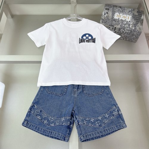 LV Kids Cotton Outfit: Embroidered Tee & Denim Shorts