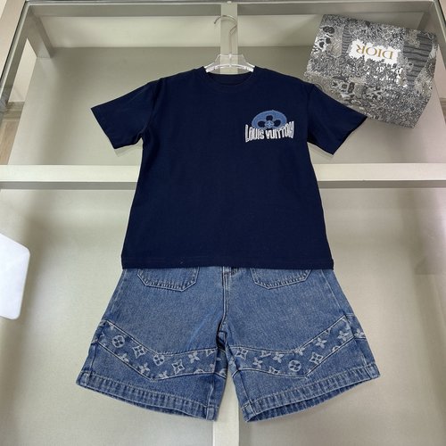 LV Unisex Kids Cotton T-Shirt & Denim Shorts Set