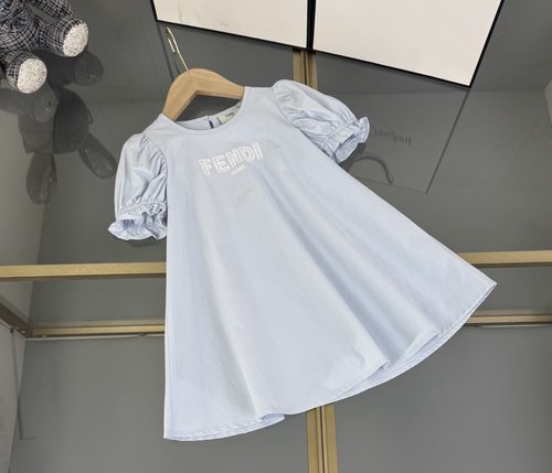 Fendi Girls Premium Dress w/ Letter Embroidery & Lantern Sleeves