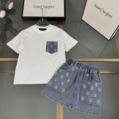 LV Girls Embroidered Cotton T & Denim Skirt Set