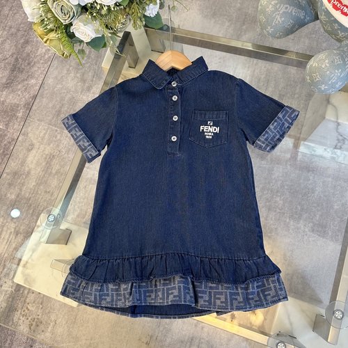 Fendi Girls High-End Washed Blue Embroidered Dress